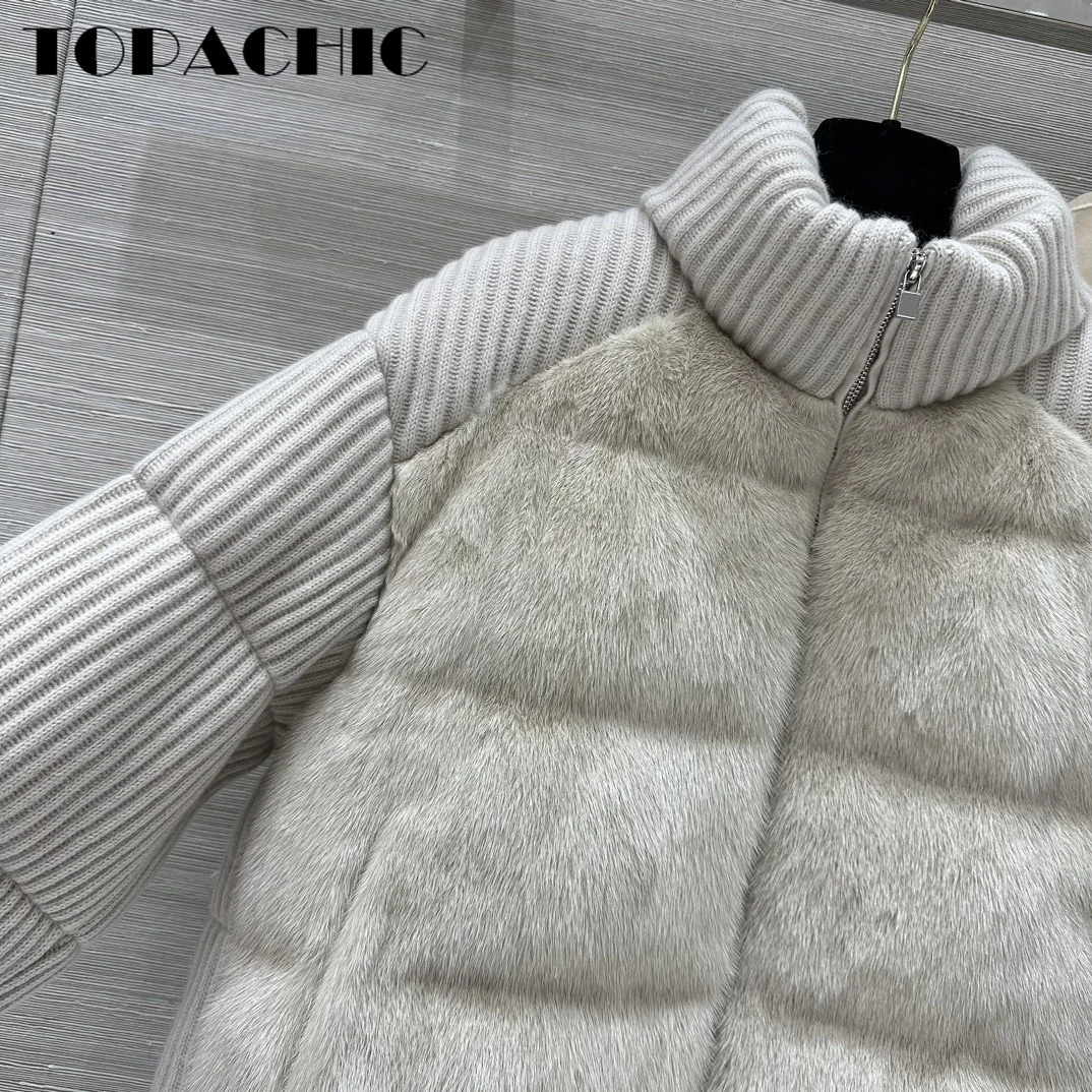 9.9 TOPACHIC-Women High Quality Mink Spliced Cashmere Knit Goose Down Keep Warm Down Jacket Hem Adjustable Drawstring Outerwear