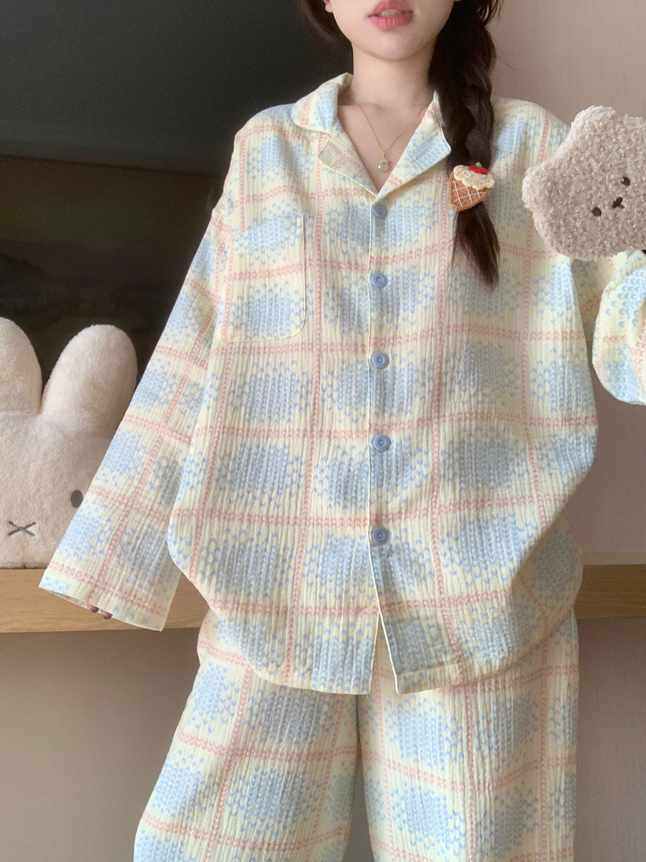 

Korean Style Plaid Women's Sleepwear Long Sleeve Cotton Gauze Collar Home Clothes Set Sweet Color Contrast Spring Autumn