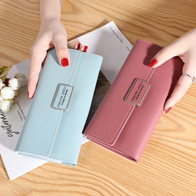 New Korean-style Long Handbag Three Fold Multi-card Slot Fashion Simple Women's Pu Leather Wallet