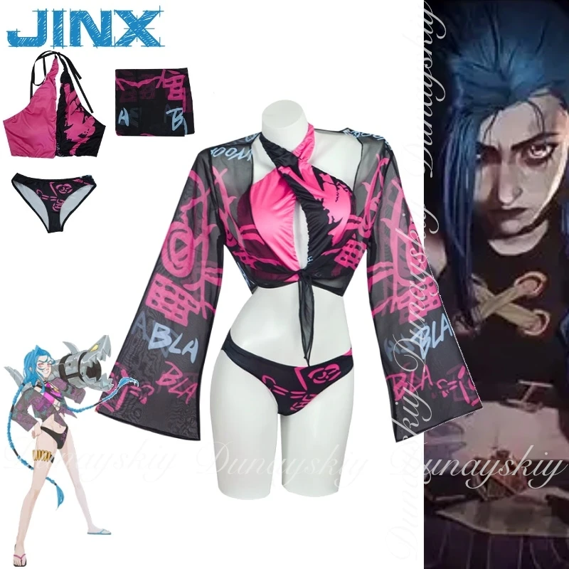 Arcane: League of Legends LOL Game Jinx Rampage Lori Cosplay Long Double Braids Swimsuit Bikini Cosplay Costume  Full Of Set