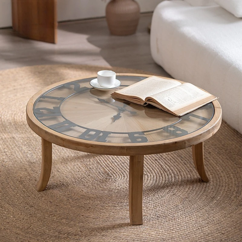 Medieval style living room creative clock coffee table with glass Japanese solid wood sofa edge few cafe retro small round table