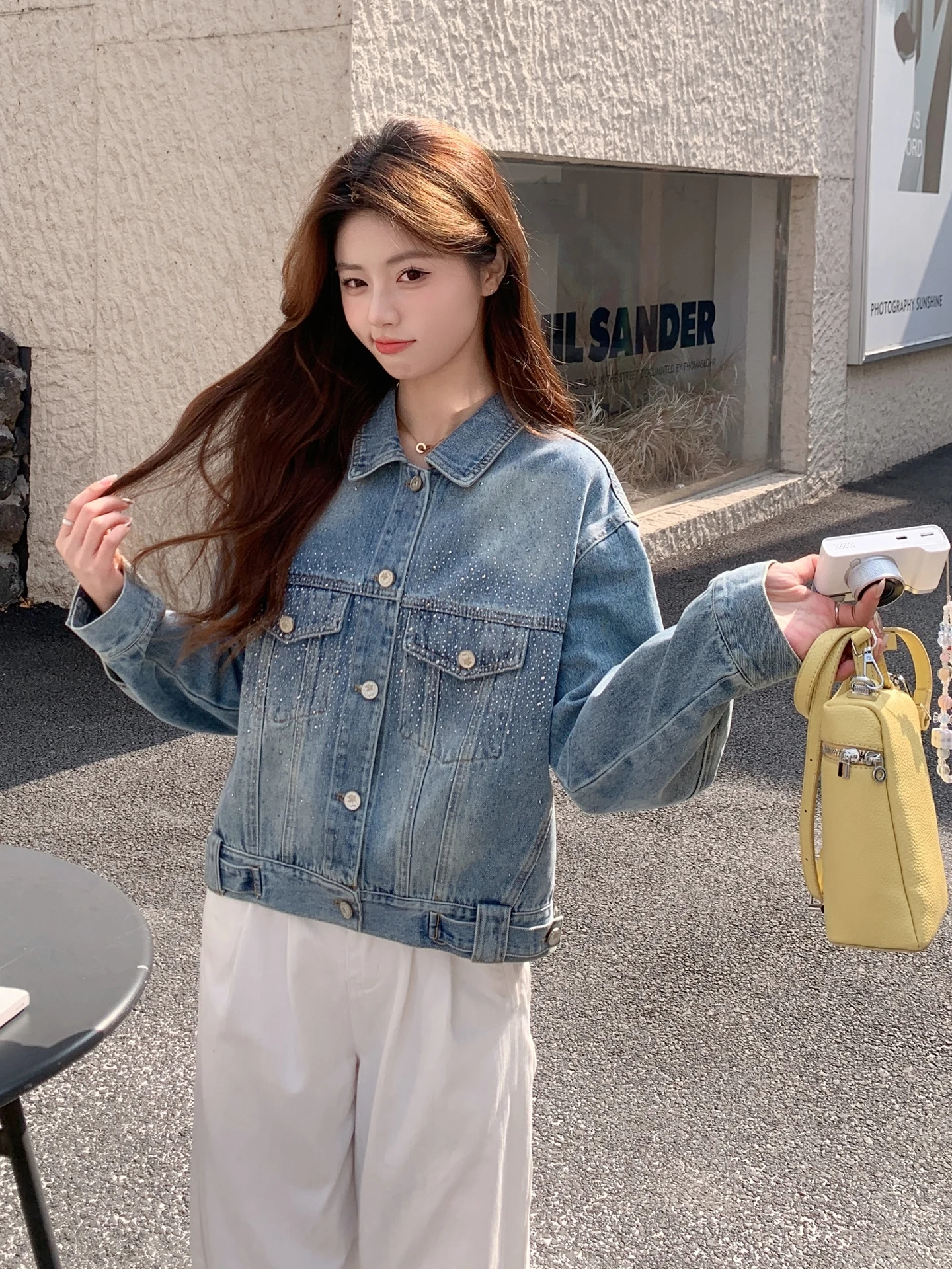 

Spring 2026 Women's ort Jaet Top Ele Heavy-Du Rhinestone Denim Design Loose Fit Long Sve Faion Outerwear