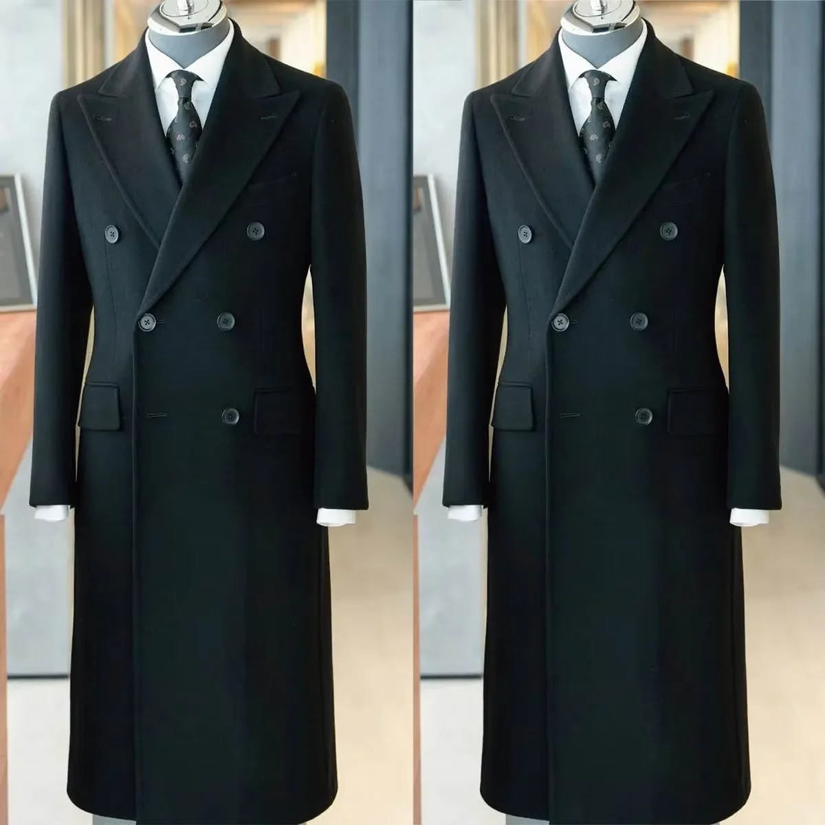 Vintage Men's Long Overcoat Double Breasted Wool Blend Trench Coat Business Casual Suit Jacket Plus Size Autumn Winter Blazer