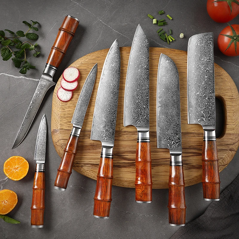 TJ POP 7 Pcs Kitchen Knives Set 67 Layers Damascus Steel Rosewood Handle Sharp Paring Boning Nakiri Santoku Kiritsuke Chef knife