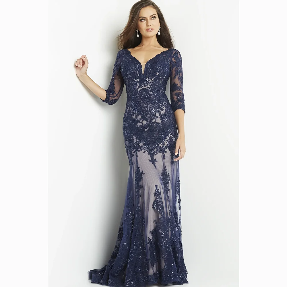 

Customized V-Neck Long Evening Dresses Elegant Formal Occasion 3/4 Sleeves Prom Gowns Lace 2025 Floor Length Prom Dresses