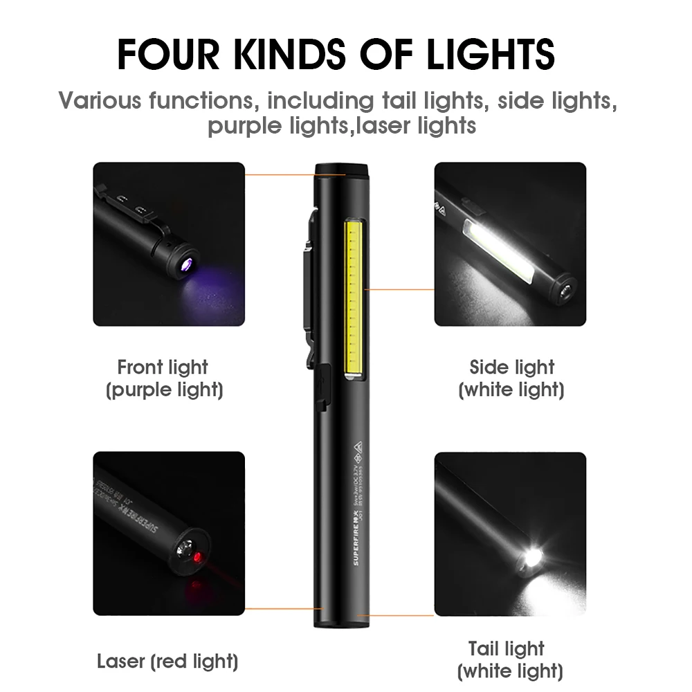 SUPERFIRE Rechargeable EDC Flashlight 4 In 1 (COB/LED/UV/RED) Magnetic Pen Flash Light Mini Torch with Stepless Dimming Lantern