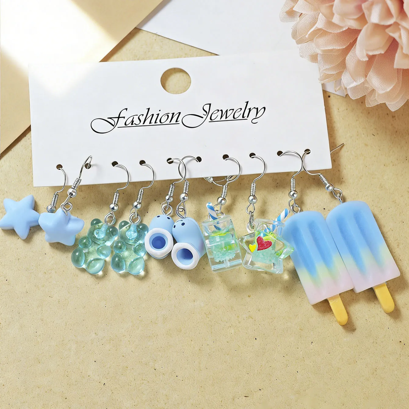 Cross Border Creative Cartoon Imitation Resin Earrings Set Cute Orange Cheese Popsicle Bear Pendant Earrings