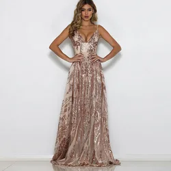 Sexy Women's High-split Slip Evening Dress Slim Sequins Perspective Long Prom Gown 2024 Spring New Female платье вечерне