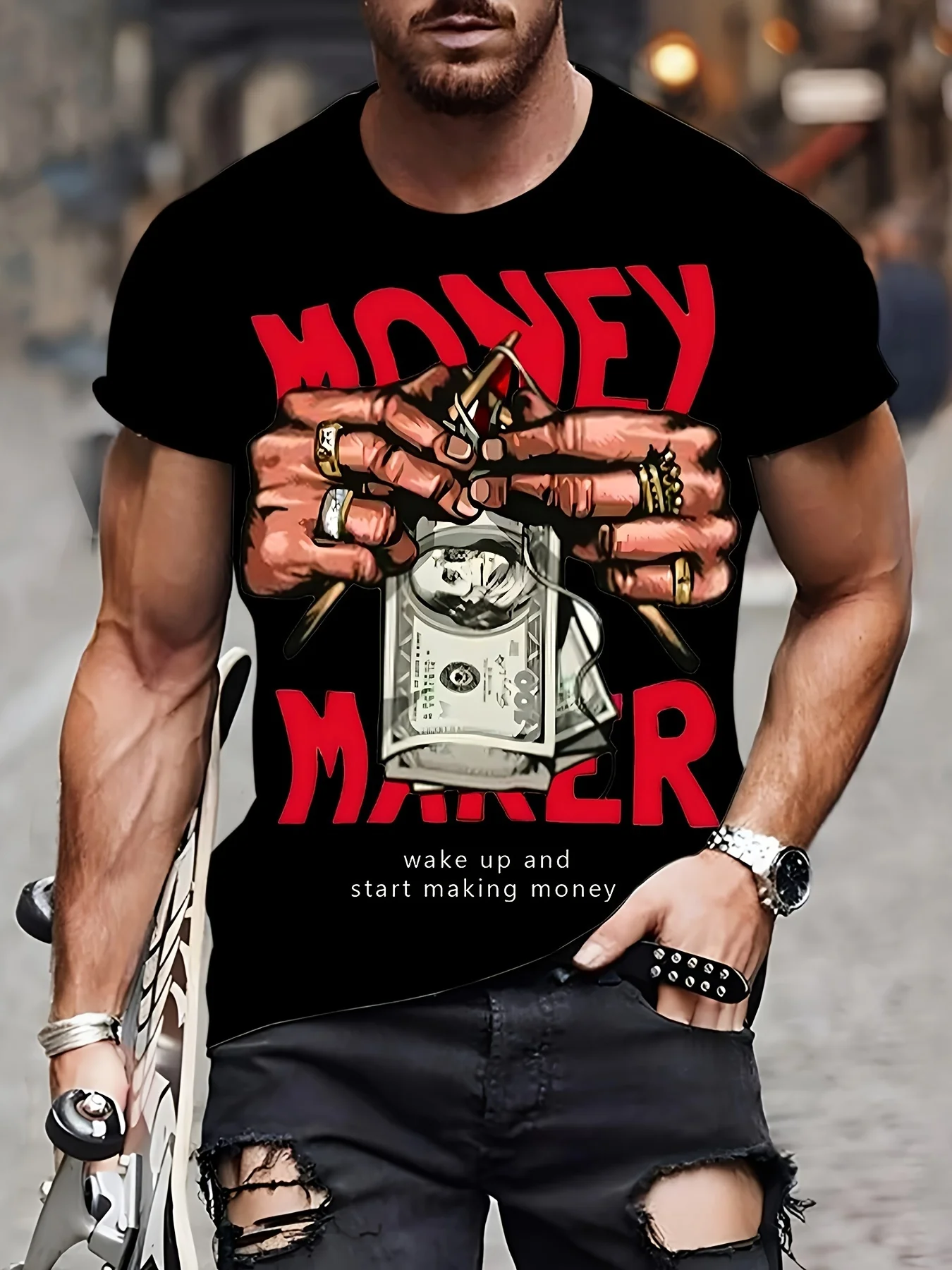 Marked Men'S Round Neck Knit And Coin Digital Print Short Sleeve T-Shirt
