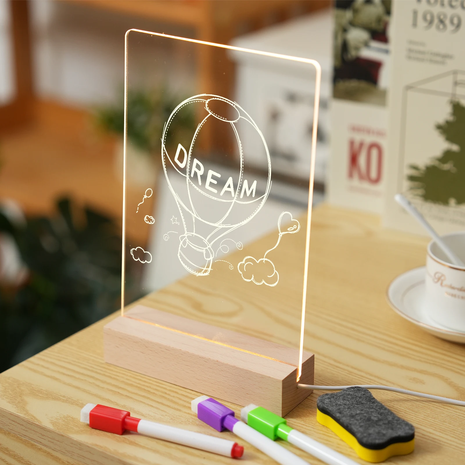 LED Note Board with Wooden Base Transparent Acrylic Plate Writing Message Letter Memo with Light Includes 6 Magnetic Markers