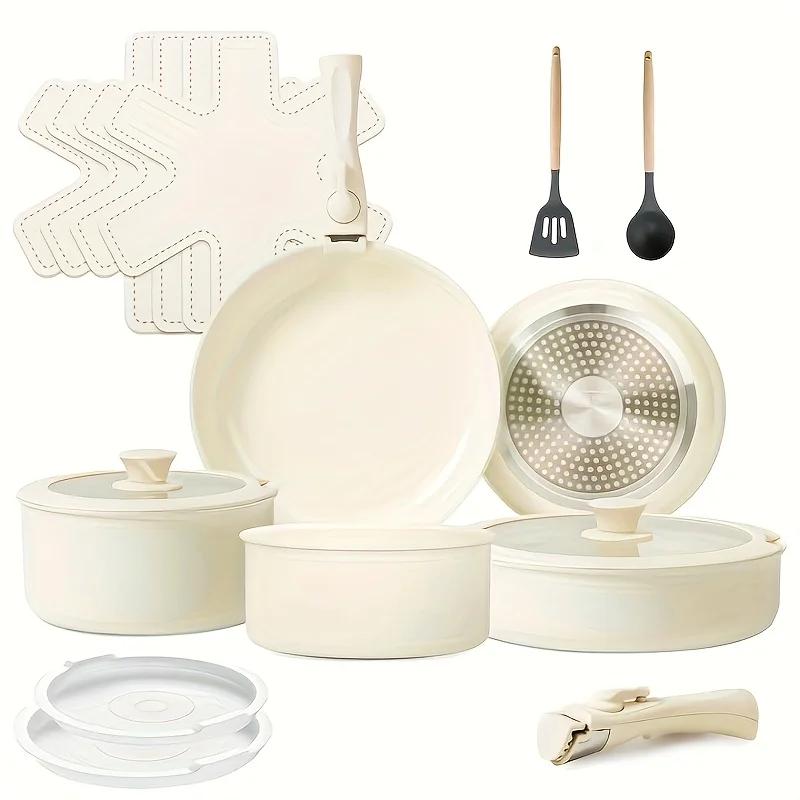 

17pcs Ceramic Nonstick Kitchen Pots And Pans Set Cookware Sets With Removable Handles, Non-toxic Essential RV Kitchen Set