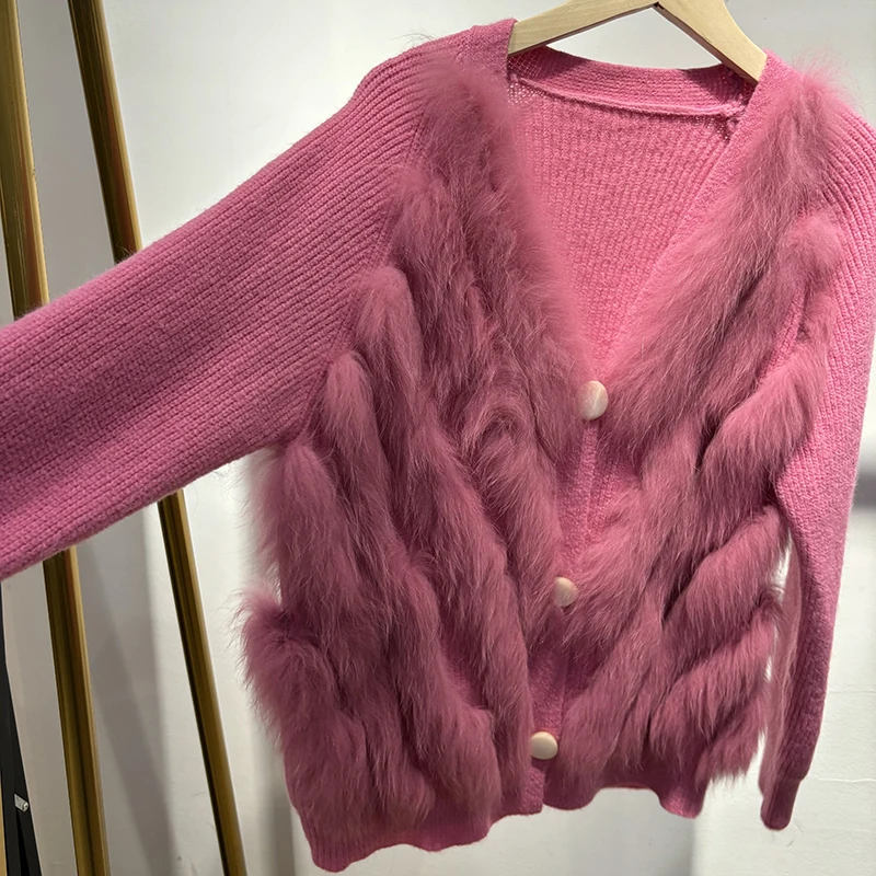 เสื้อสเวตเตอร์คอวีสีแดงกุหลาบขนฟ็อกซ์ธรรมชาติสำหรับผู้หญิงปี 2025 เสื้อแจ็คเก็ตถักขนสัตว์แท้สีเหลือง