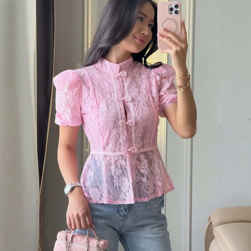

Tsiisd Women's Pink Floral Lace Cheongsam Blouse T-Shirts Short Sleeve See Through Office Commute Luxury Fashion Ladies Tops New