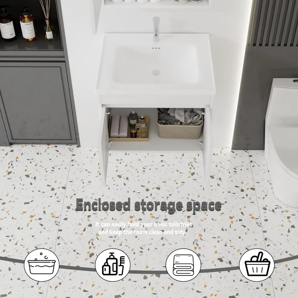 مجموعة حوض حمام مقاس 24 بوصة مع مجموعة حوض سيراميك، خزانة حمام صغيرة مثبتة على الحائط مع باب مغلق ناعم، خزانة عائمة حديثة، P