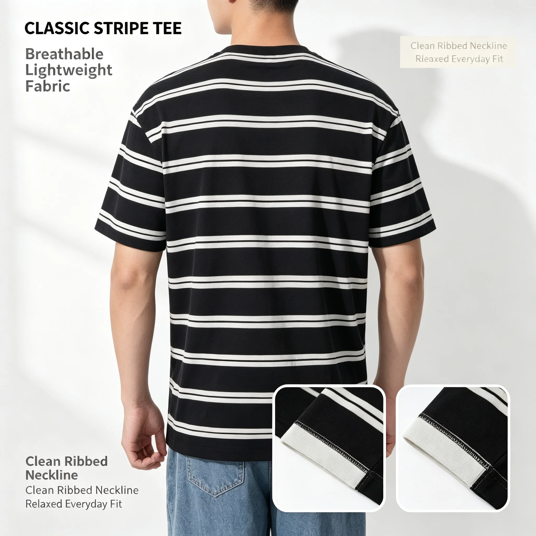 SKECHERS Men Black White Stripe Short Sleeve T Shirt Soft Breathable Cotton Crew Neck Casual Daily Classic Tee P225U122-03K8