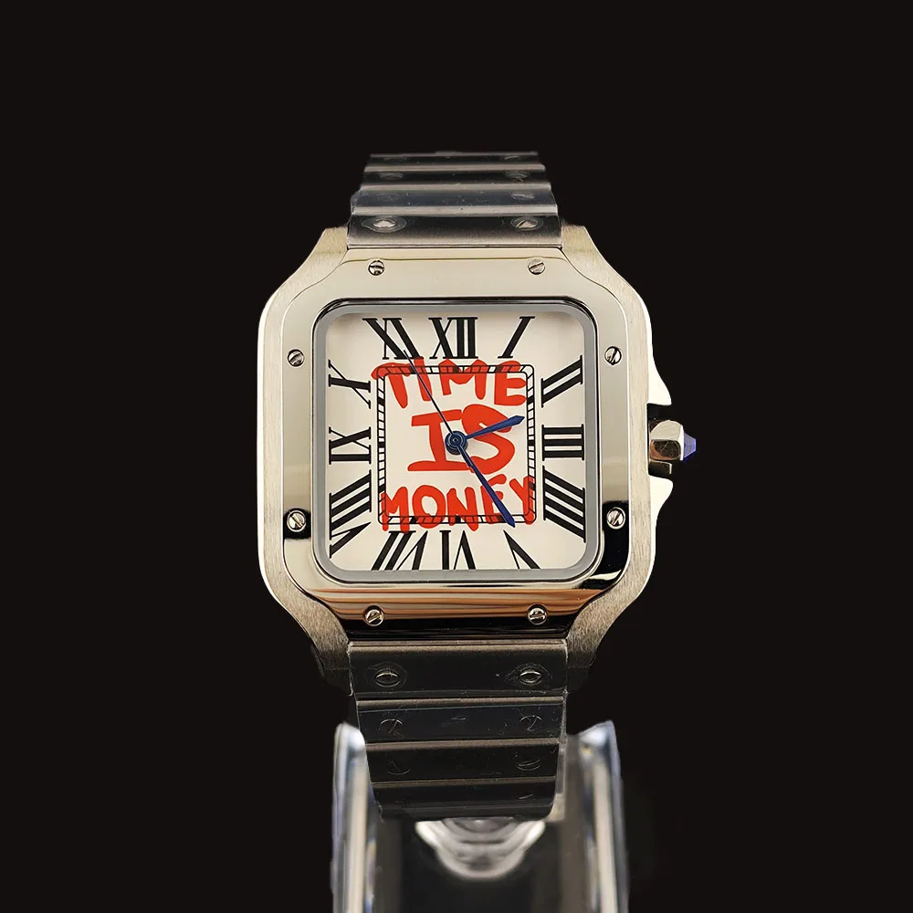 NH35 Time is Money Watch Silver/Black Square Men's Watch High Quality Stainless Steel Watch Custom Logo Suitable for NH35 Watch