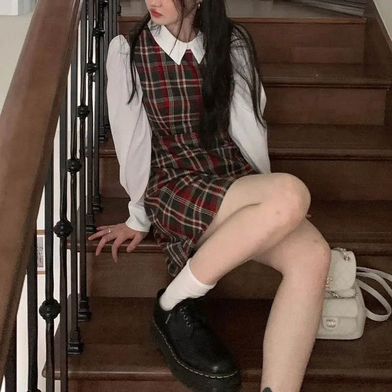 Preppy Style Plaid Waist Dresses Spring Autumn Fake Two Pieces Female Clothing Polo-Neck Patchwork Korean Long Sleeve Midi Dress