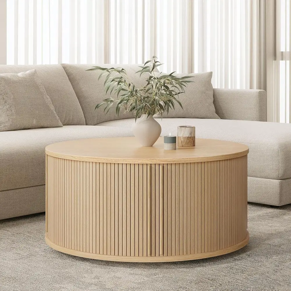 

35 Round Coffee Table with Storage and Shelves - Oak Wood Living Room and Office Centerpiece