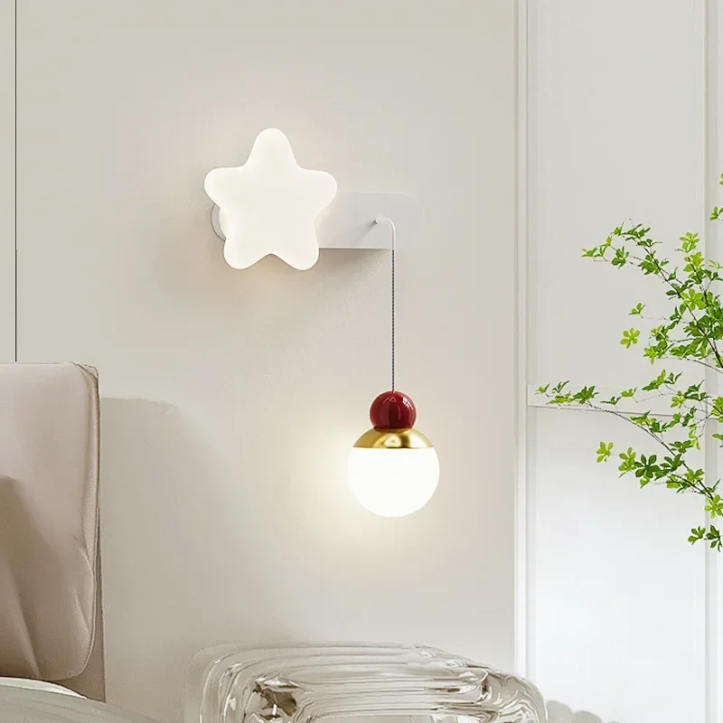 SANDYHA Modern Minimalist Cream Wall Lamp Cartoon Whale Star LED Bedlight For Bedroom Living Room Home Decoration Night Light