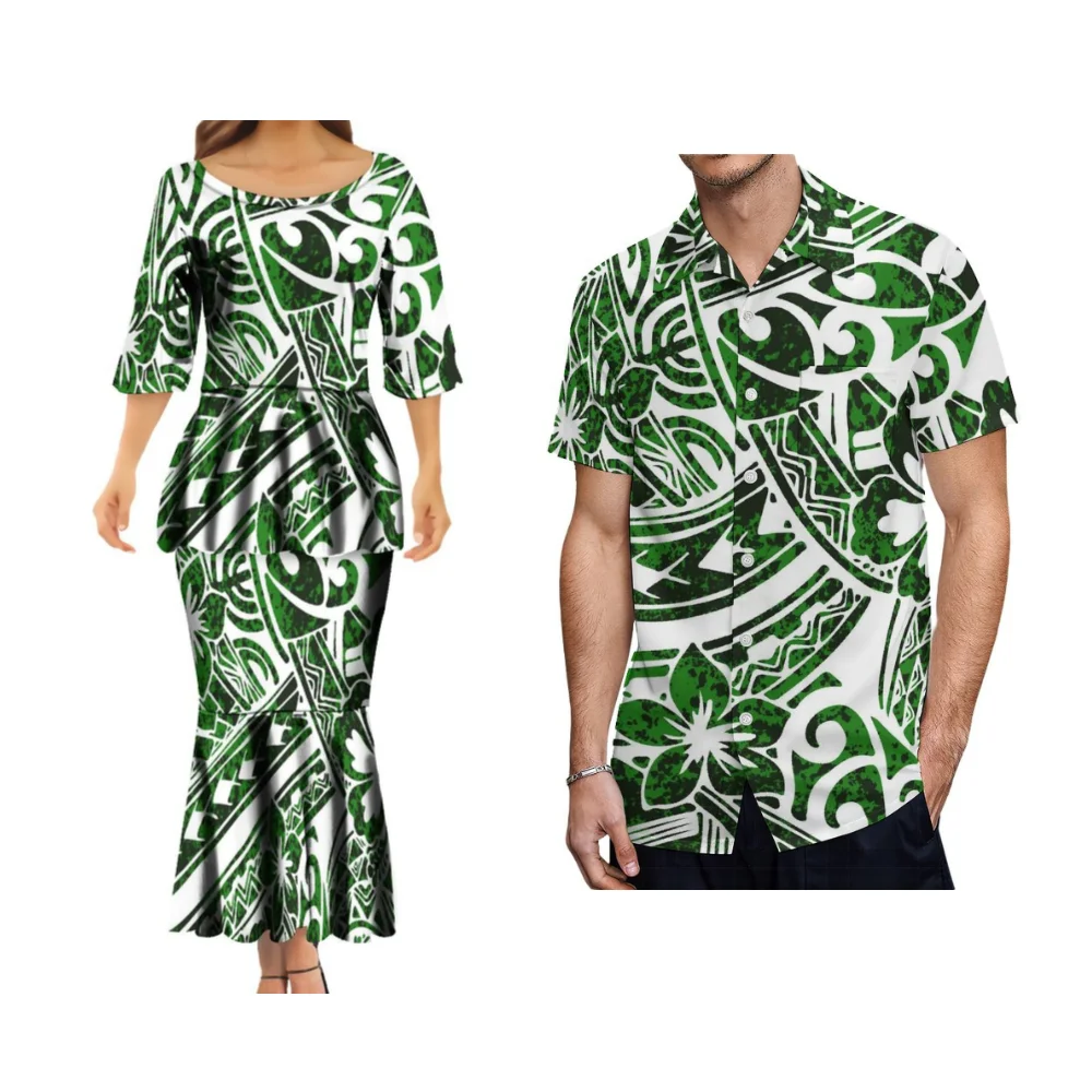 Polynesian Puletasi Pleated Fishtail Skirt Slim Maxi Dress Samoan Print Couples Matching Dress Hawaiian Formal Men\'S Shirt