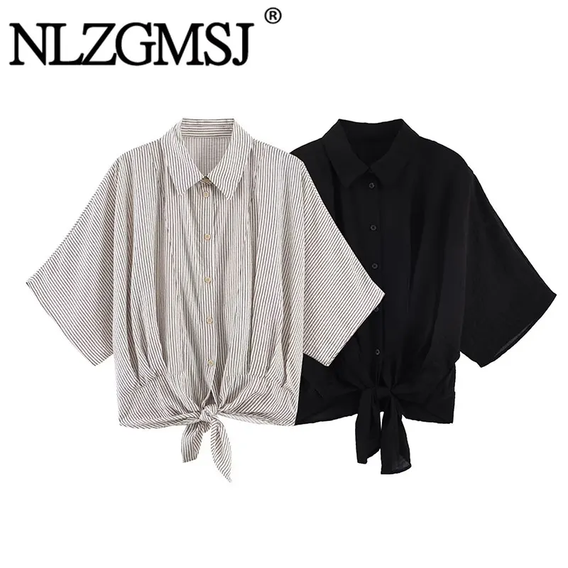 

NLZGMSJ 2026 Весенняя винтажная свободная женская рубашка с коротким рукавом, V-образным вырезом, на пуговицах, с бантом, модная блузка-топ