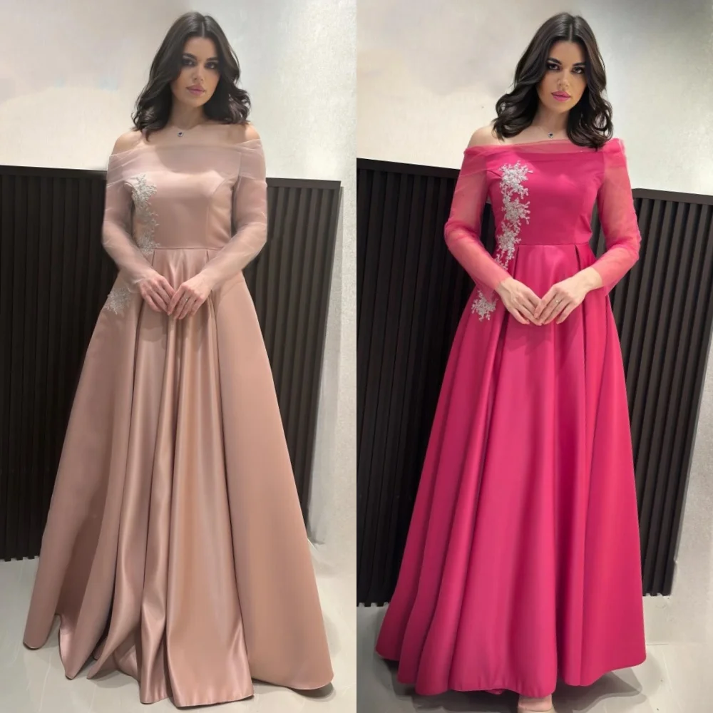 

Customized Satin Sequined Beading Ruched Valentine's Day A-line Off-the-shoulder Bespoke Occasion Gown Long Dresses