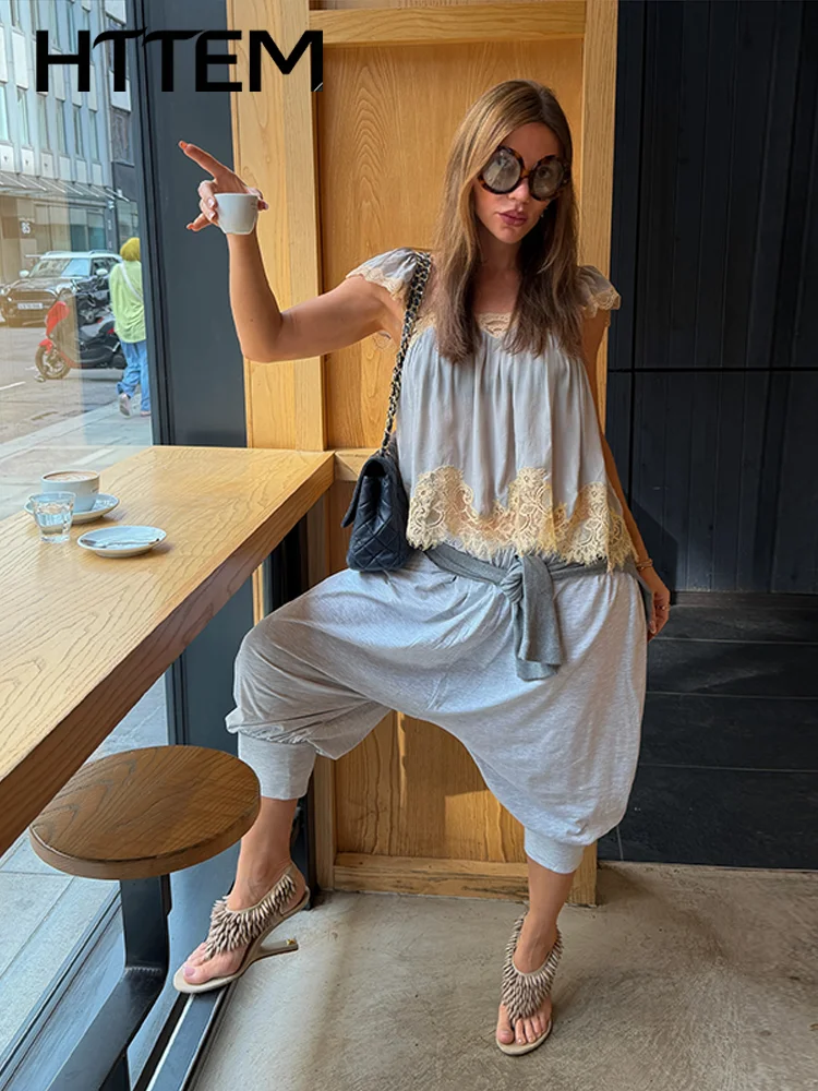 Women's Lace Spliced Blouse Summer Square Neck Ruffle Loose Short Sleeve Pleated Blue Shirt 2026 Holiday Beach All-matching Top