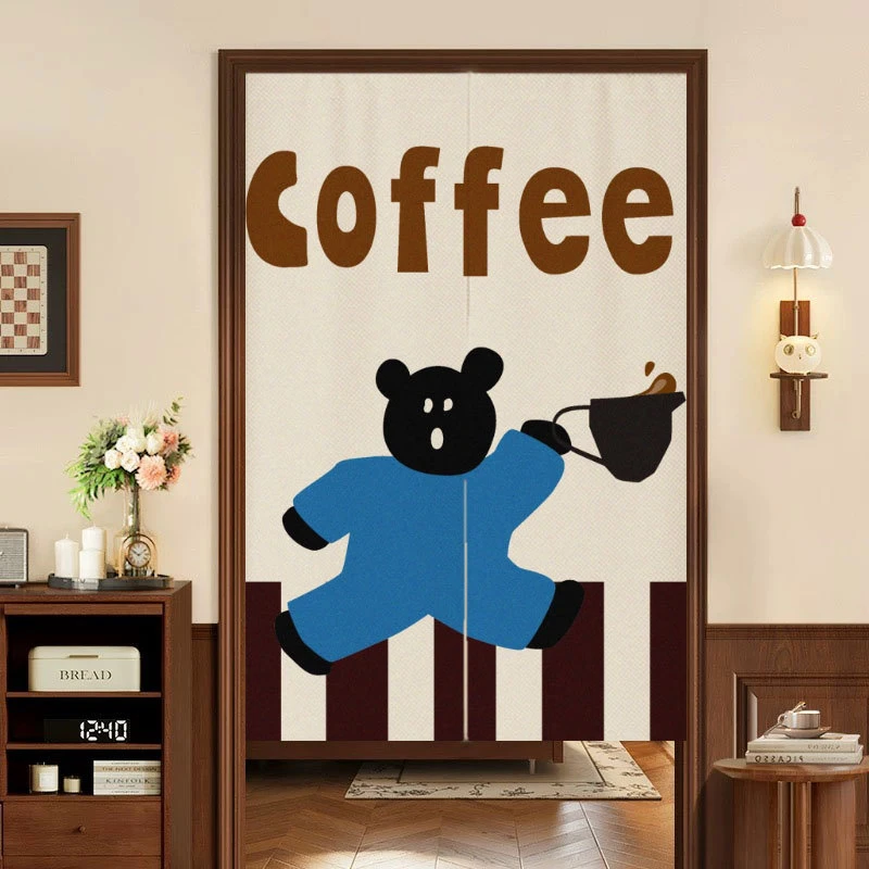 VIKAMA Maillard Coffee Bear Japanese-Style Door Curtain, Kitchen and Café Room Divider, Home Decorative Privacy Curtain