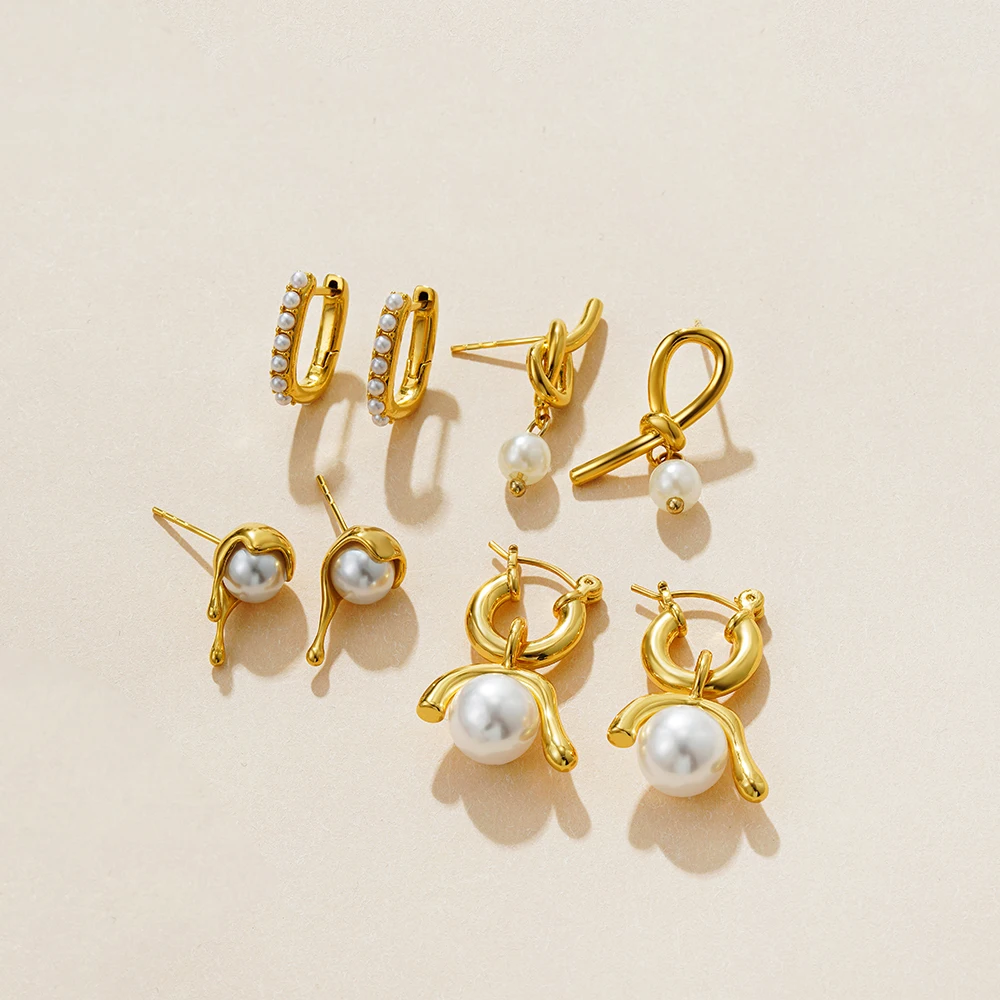 Elegant Pearl Droplet Waterdrop Studs Golden Knot Geometric Removable Thick Hoop Earrings Small Beads Square Ear Buckle Aretes