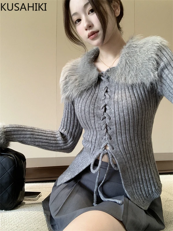 KUSAHIKI Gray Fur Turn-down Collar Drawstring Lace Up Knitwear Tops Women Autumn New Slim Sweater Korean Bottoming Tops