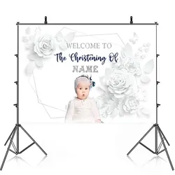 Happy Christening Baptism Birthday Party Backdrop Photography Baby Shower For White Flowers Background Banner Custom Name Pic