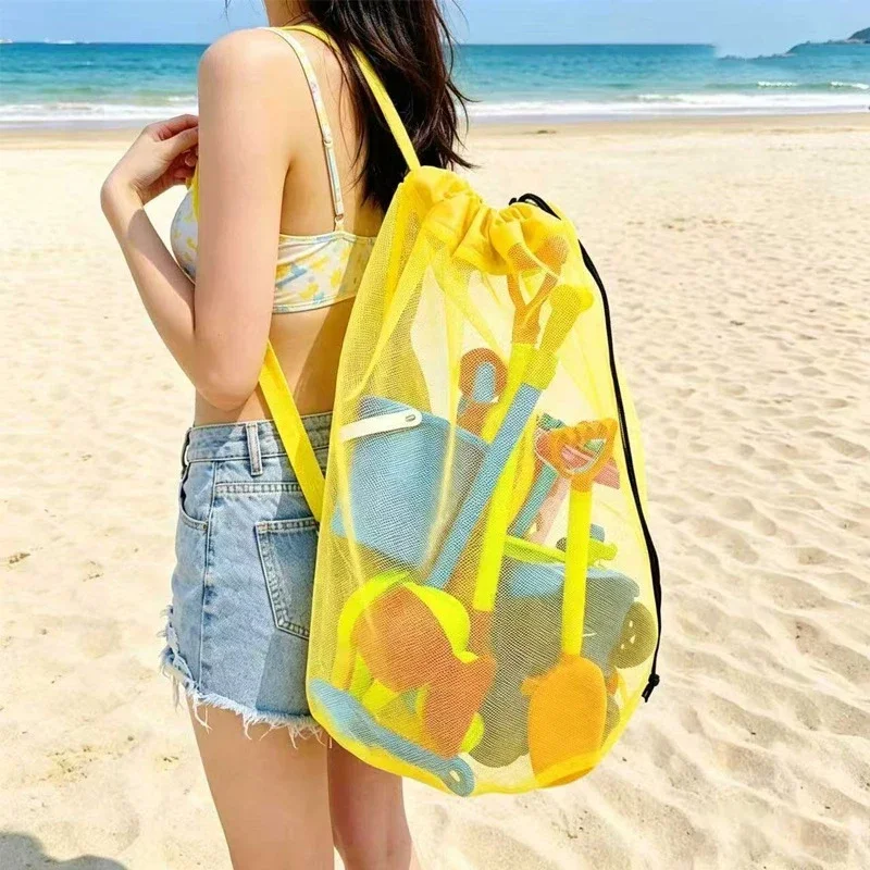 Large Capacity Mesh Beach Toy Storage Bag Portable Kids Pool Toys Storage Bag Shell Collecting Drawstring Beach Backpack New