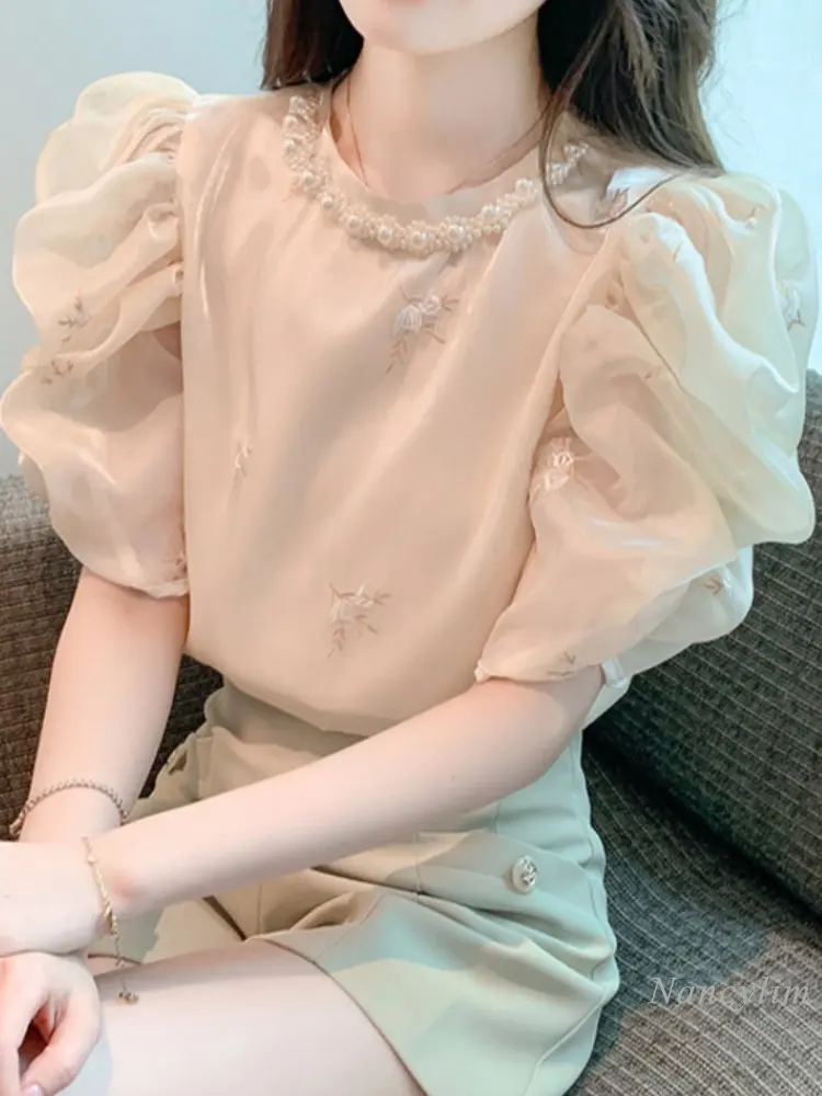 French Fashion Embroidery Short Sleeve Shirt Top Women\'s Summer Blouse 2023 New Design Sense Chic Pullover Shirts Blusas Mujer