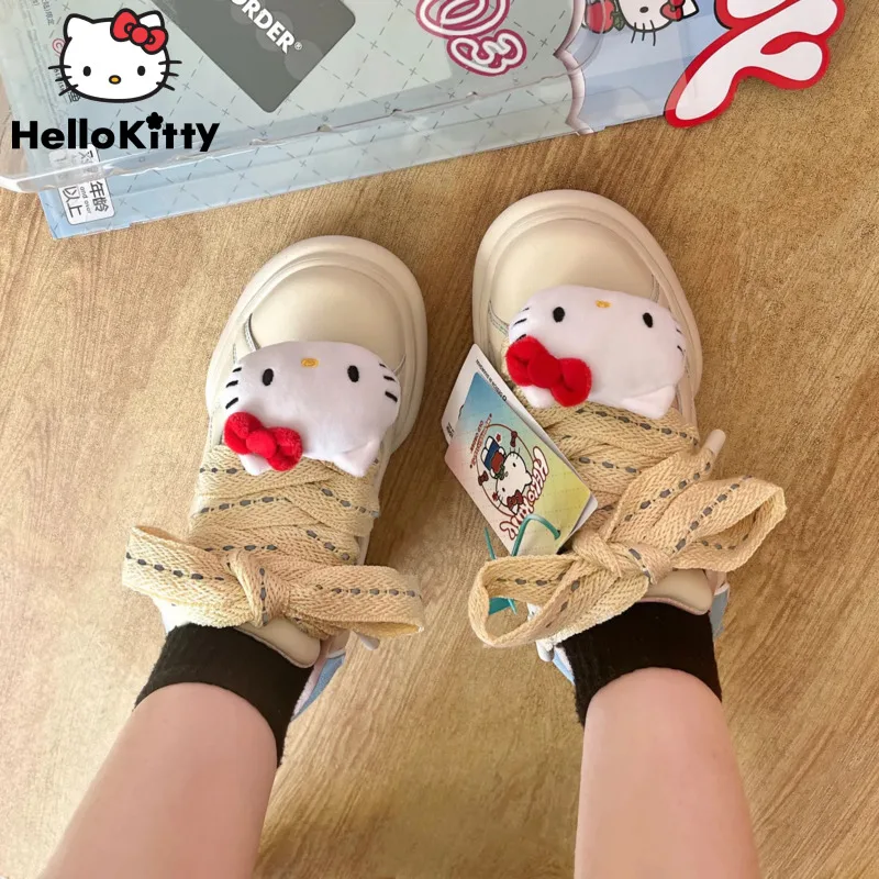 Sanrio Plush Hello Kitty Sneaker Women Korean New Fashion Thick Sole Shoes Y2k Girls Versatile Casual Shoes Kawaii Board Shoes