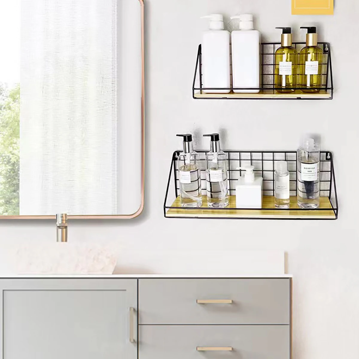 Floating Shelves Wall Mounted Rustic Wood Storage Display Shelf with Metal Wire Basket Hanging Shelf for Kitchen Office Bedroom