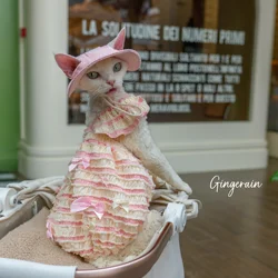 Handmade Sphynx Cat Cake Dress Lace Floral Bowknot Pink Skirt For kittens Hairless Cat Clothes Soft Material Devon Rex Skirt