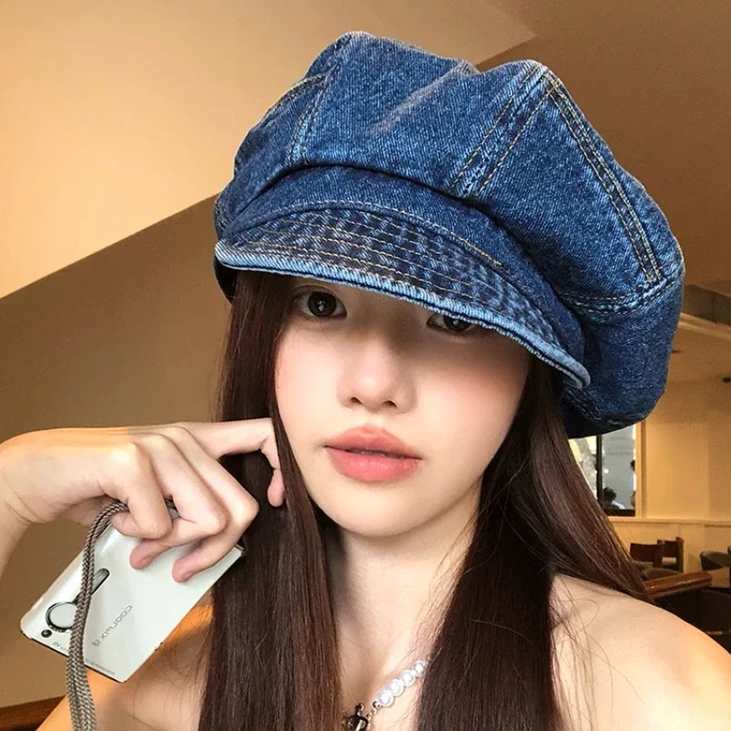 

Japanese Retro Denim Cloud Berets Cap for Women Spring and Summer Casual Versatile Simple Literary Style Octagonal Newsboy Hat