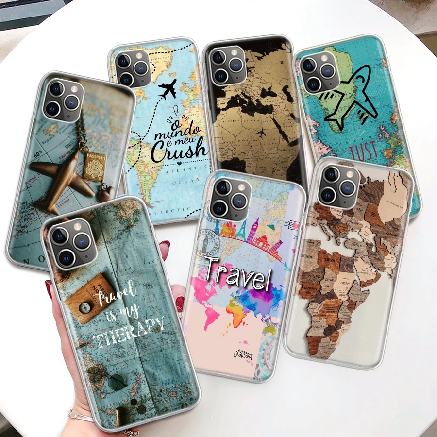 World Map Travel Plans Coque Phone Case For iPhone 11 13 14 Pro Max 15 Ultra 12 Mini 7 Plus 8 + X XR XS SE 6S 5S Apple Soft Cove