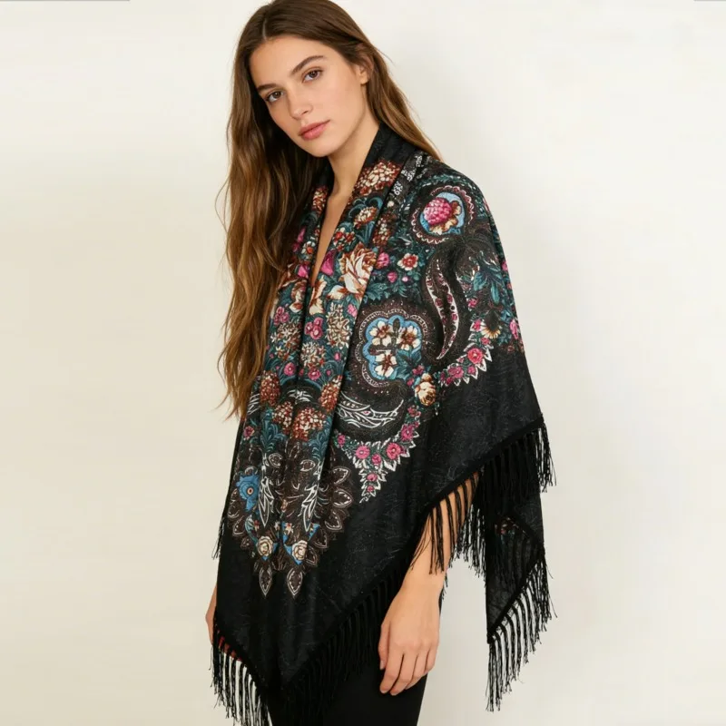 

New European and American ethnic style velvet printed fringe shawl for women, vintage floral pattern
