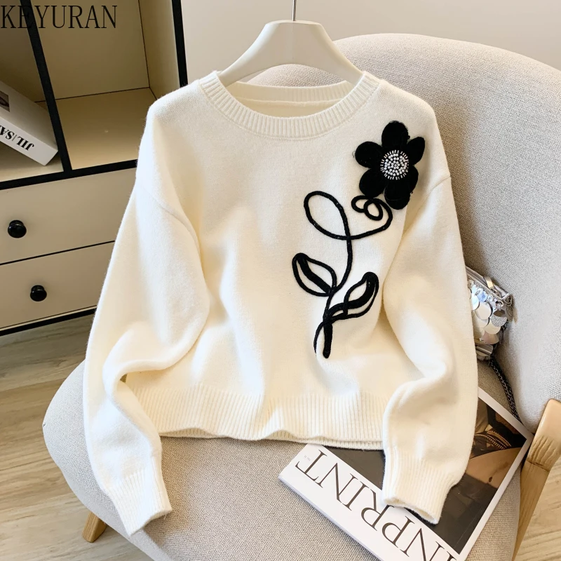 

Осень-зима 2024, милый свитер с 3D цветком, женская одежда, свободные вязаные пуловеры с круглым вырезом и длинными рукавами, свитера, женские джемперы