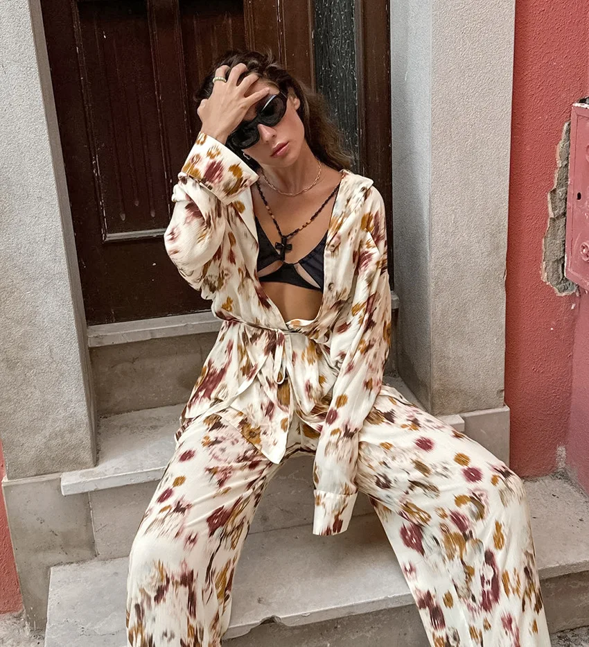 DSMTRC خمر التباين اللون المطبوعة عالية الخصر السراويل مجموعات أزياء المرأة طويلة الأكمام قميص دعوى سيدة عارضة جديد 2 قطعة وتتسابق #2