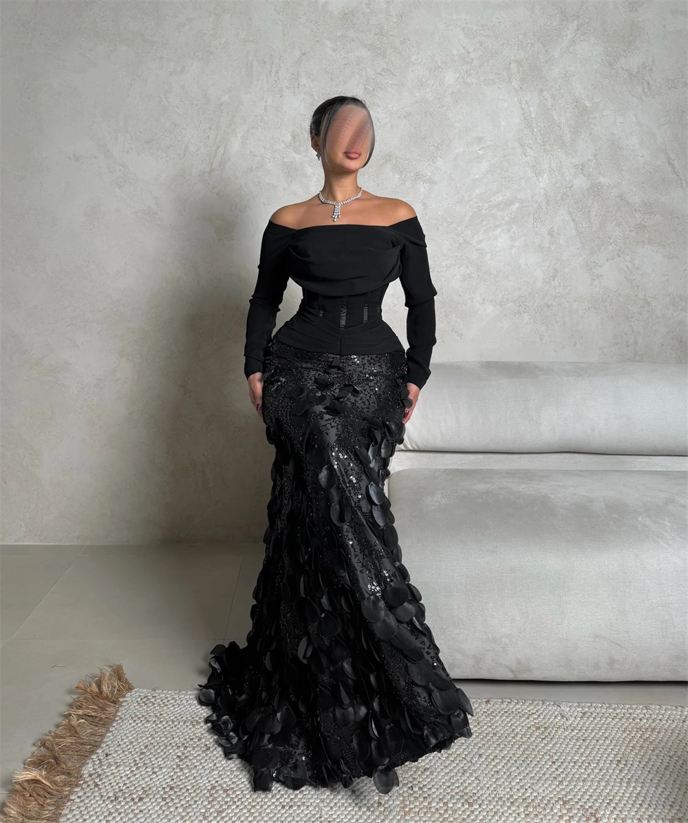 

Customized Simple Black Jersey Evening Dress Formal Boat Neck Long Sleeves Party Dress Elegant Mermaid Court Train Prom Dresses