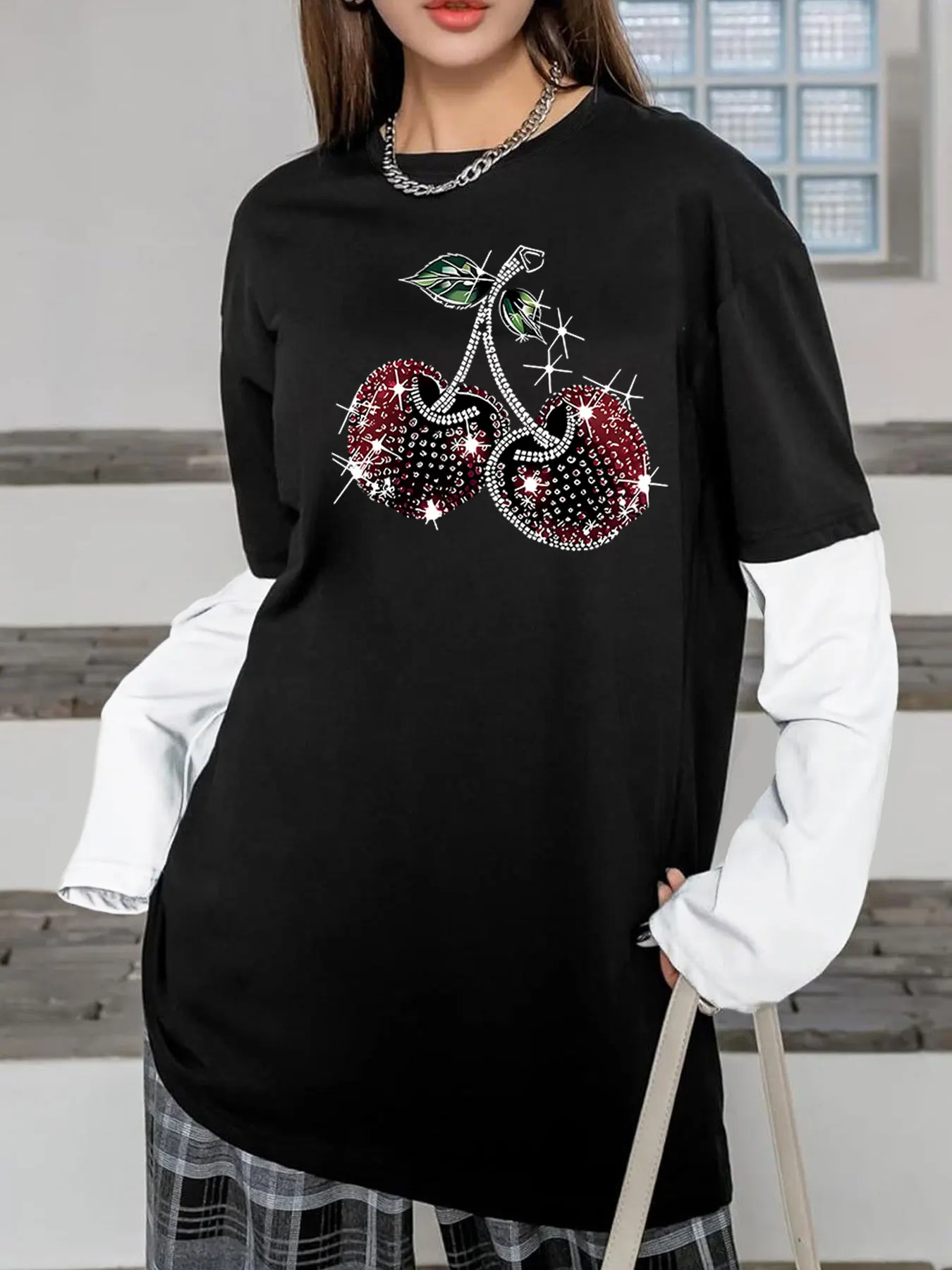 

Винтажные футболки с вишневым узором, дизайн «фальш-двойка», женская одежда, оверсайз с длинными рукавами в стиле Y2K, топ Y2K