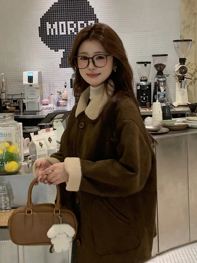 Double-Sided Wear Faux Fur Collar Lamb Fur Cotton Jacket Suede Vintage High-End Thick Outerwear Autumn Winter Women's Coat