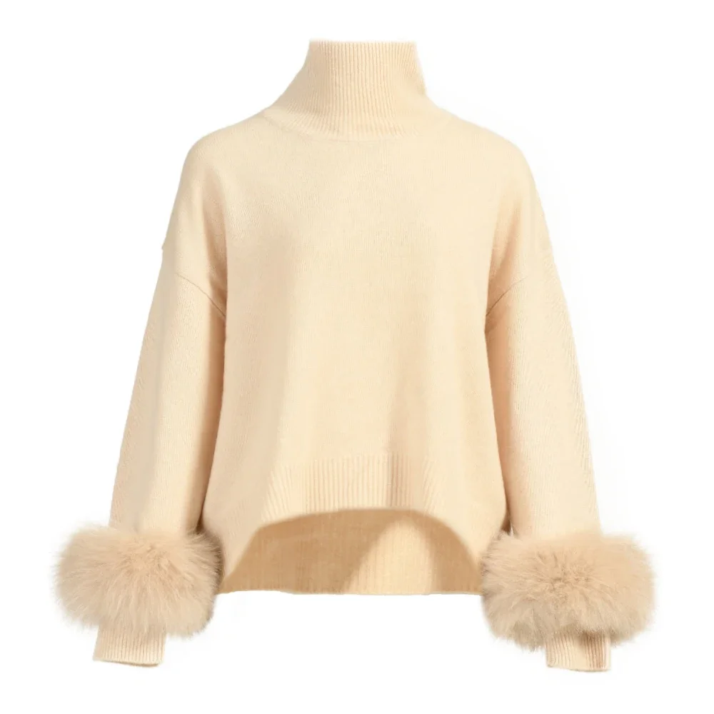 Custom Style Colorful Removable Fox Fur Cuff Turtleneck Pullover Wholesale Cashmere Knitted Sweater Woman