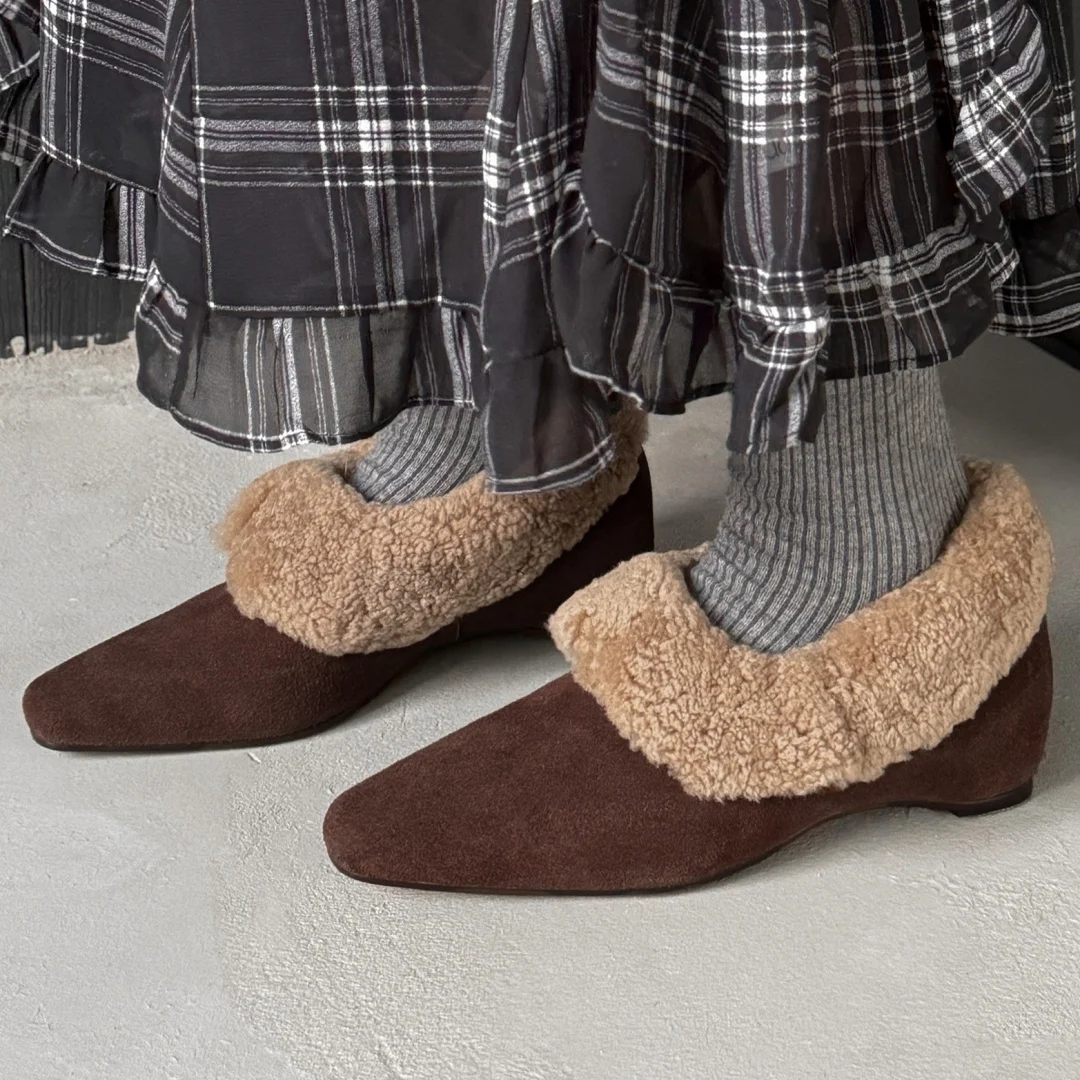 

Women's natural suede leather wool patchwork plush inside winter warm pumps 2.5cm wedge low heel casual female daily dress shoes