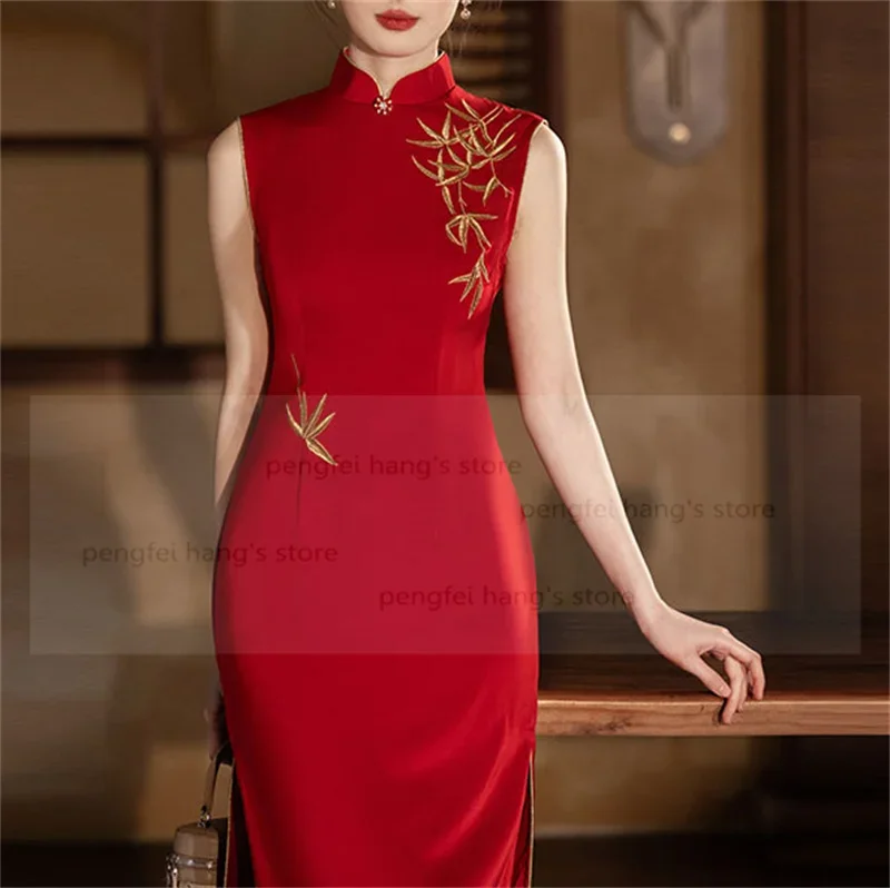 

Red Sleeveless Qipao New Chinese Style Embroider Bamboo Qipao Bride Wedding Dress Lady Sexy Split Cheongsam Slim Vestidos