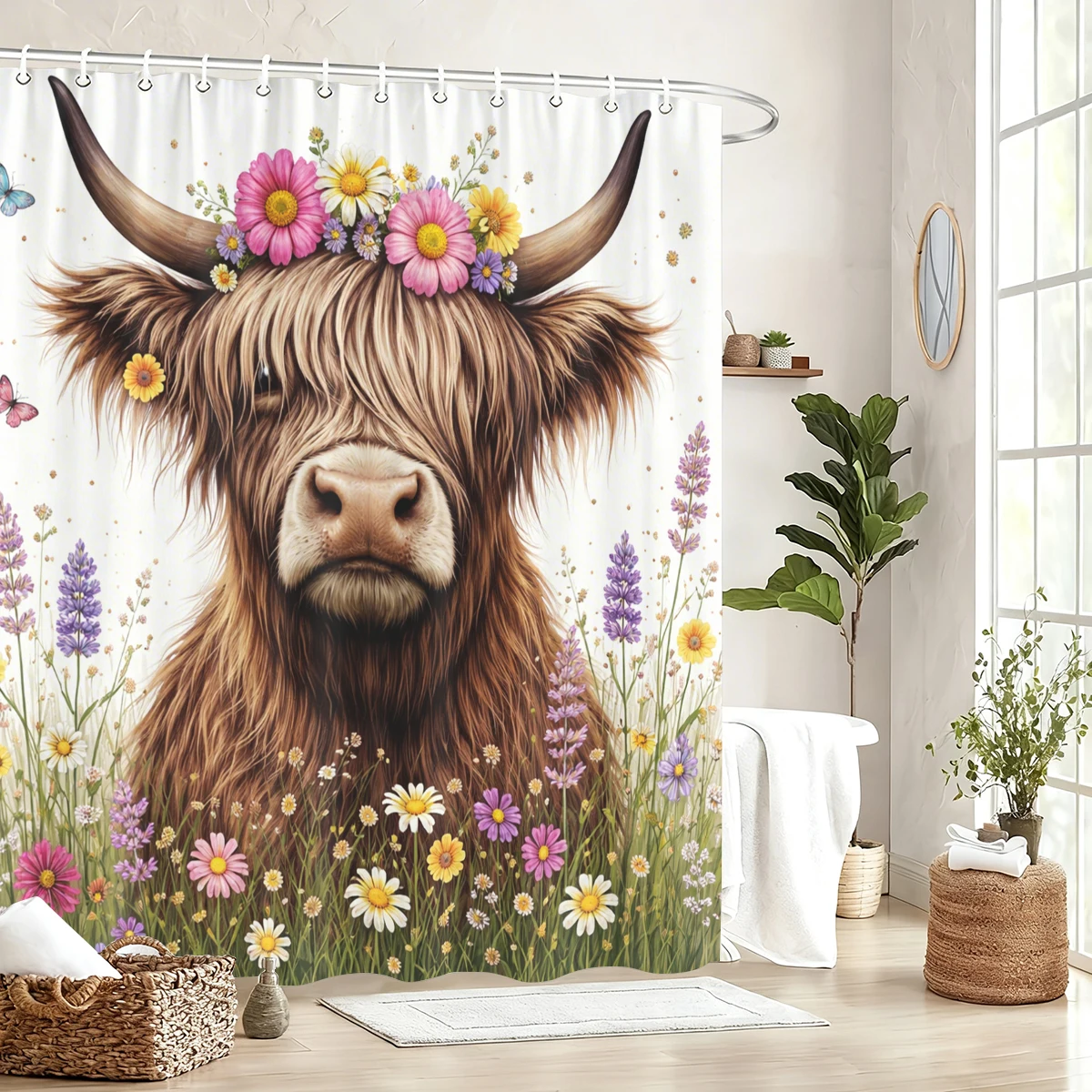 

Милая занавеска для душа из полиэстера с изображением высокогорной коровы и цветочным узором - очаровательная декоративная занавеска для ванной комнаты для дома и отеля