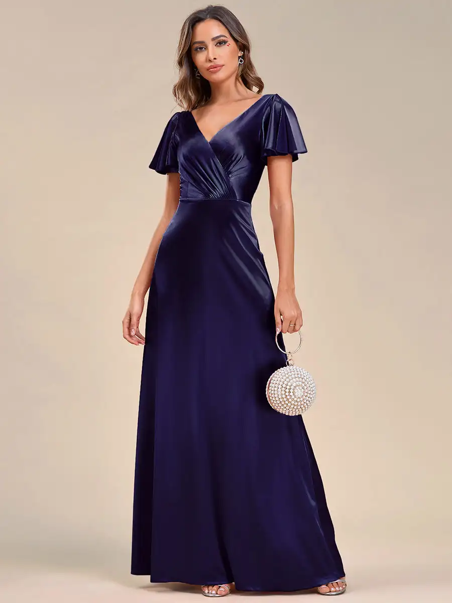 

Elegant Evening Dresses V-Neck Fit Floor Longth Ruffles Sleeve Satin High Stretch 2024 of A-Line Navy Blue Bridesmaid Dress