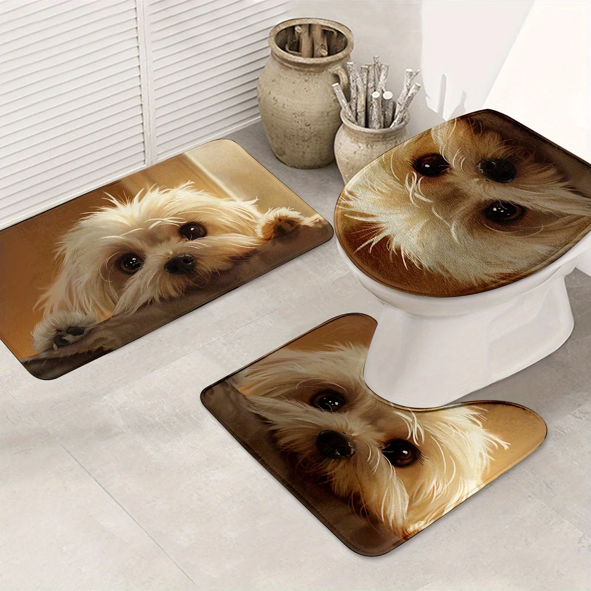 

3 Piece Happy Dog Bathroom Mat Set - Non-Slip Absorbent Rug and Toilet Cover, Machine Washable Polyester, Perfect for Christmas
